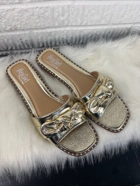 Hey Girl By Corkys Gold Metallic Bow Slide Sandals Clam Bake Size 10
